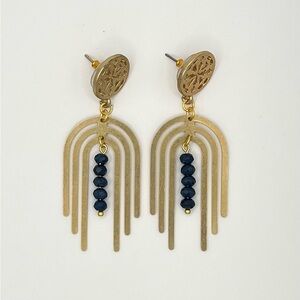 Gold Arch Dangle Earrings with Iolite Beads